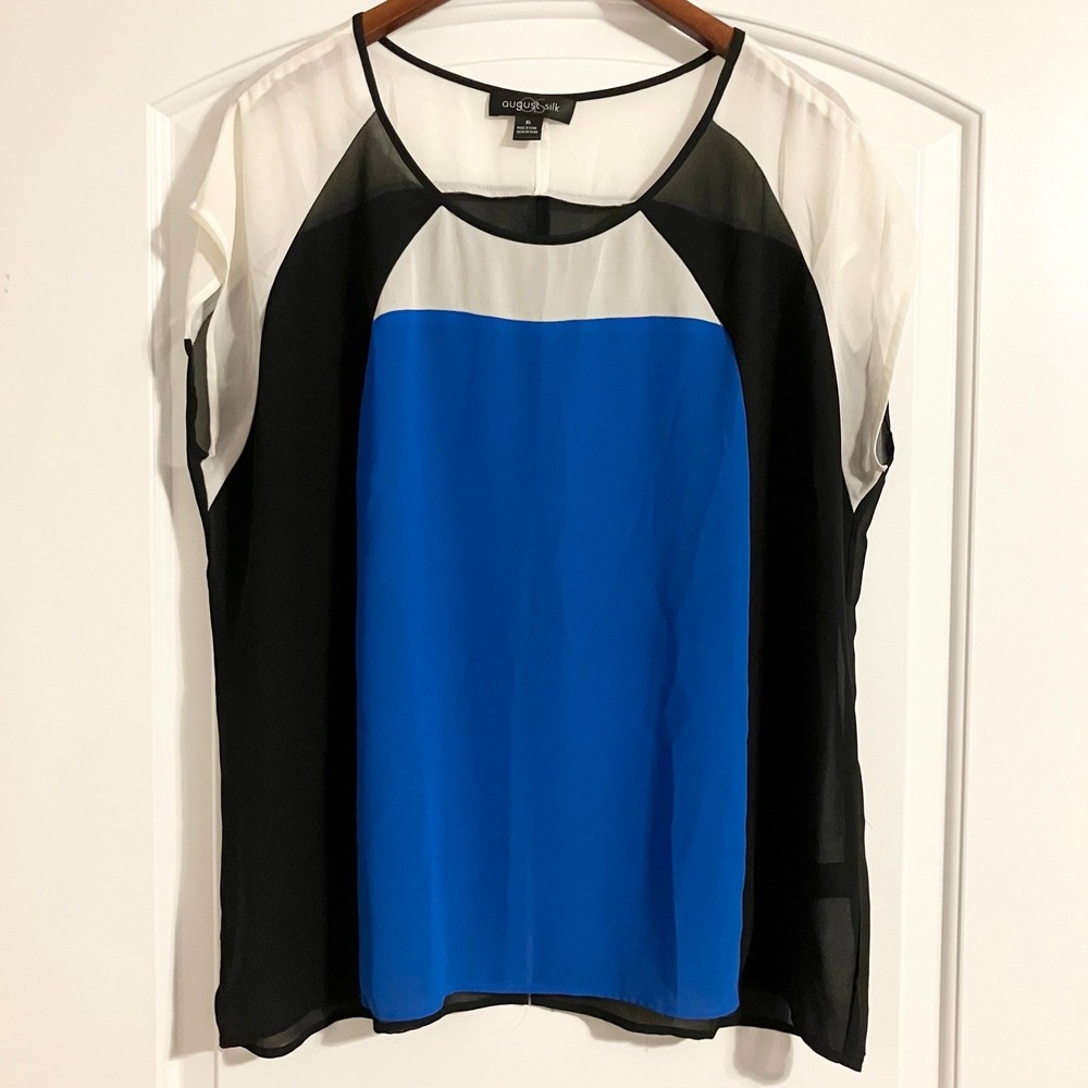 August Silk color-blocked short sleeve round neck chiffon blouse women's Sz XL